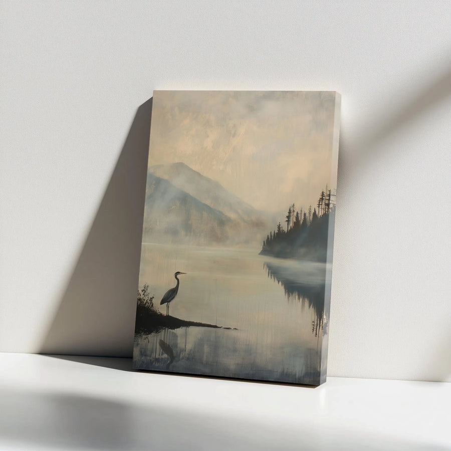Heron Misty Lake Canvas | Minimalist Great Blue Heron Painting | Premium Gallery Wrapped Wall Art | Modern Rustic Cabin Decor Gift