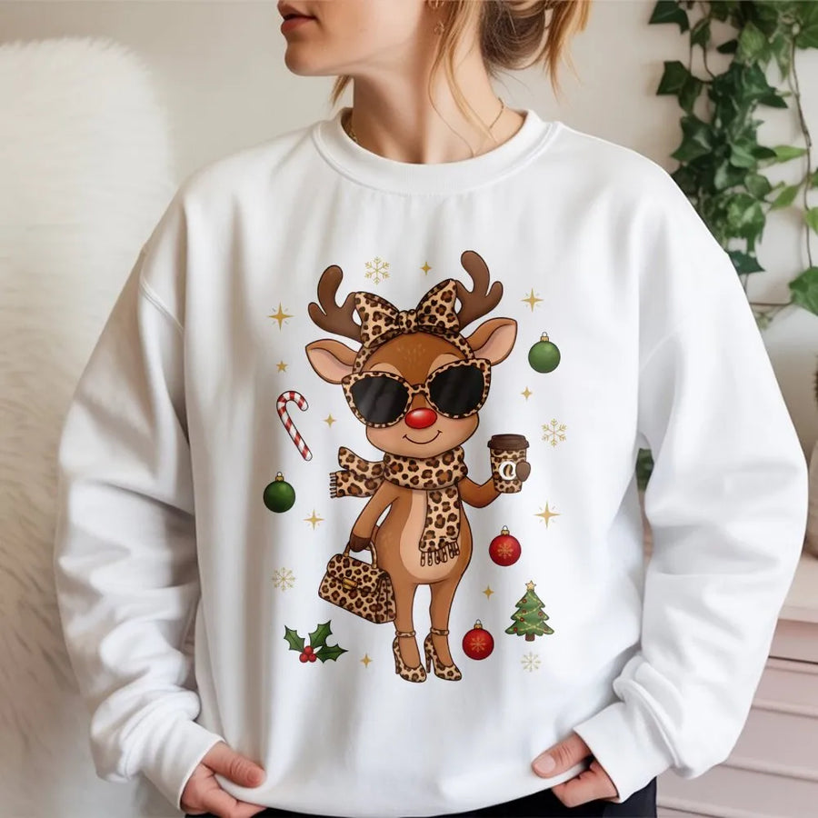Boujee Reindeer Sweatshirt | Leopard Print Christmas Deer Design | Premium Cozy Unisex Pullover | Cute Holiday Gift for Women