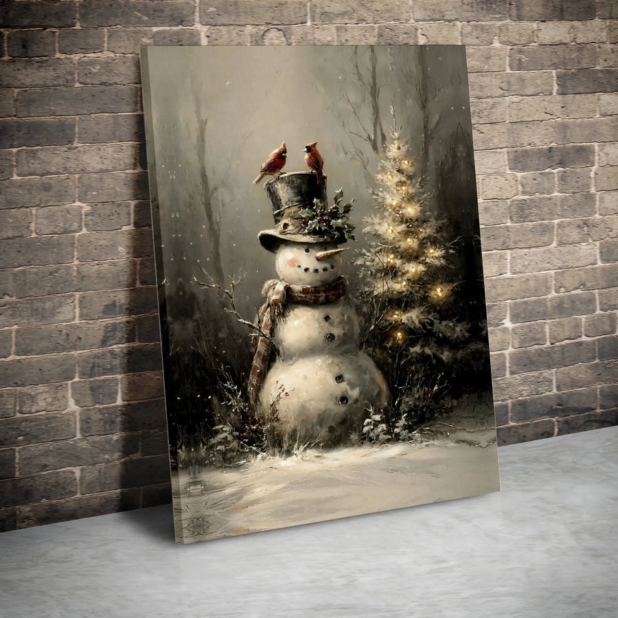 Snowman With Cardinals Wall Art | Rustic Winter Christmas Tree Canvas | Premium Gallery Wrap Print | Festive Holiday Home Decor Gift