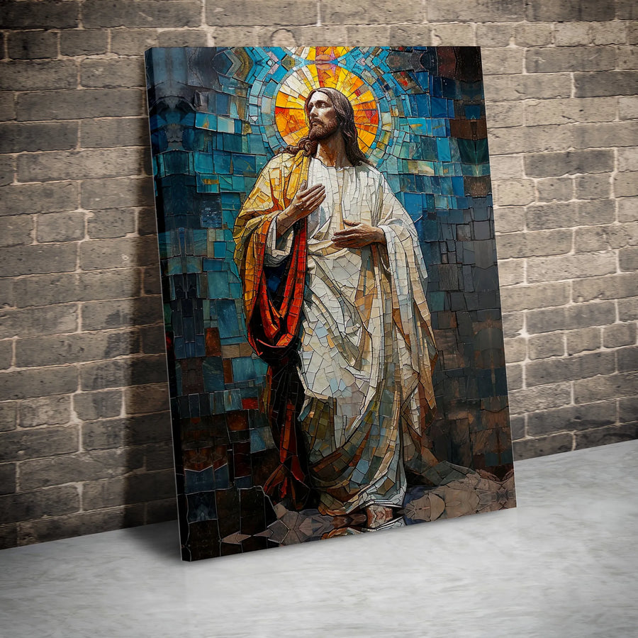 Jesus Christ Wall Art | Stained Glass Mosaic Portrait with Halo | Premium Gallery Wrapped Canvas | Religious Christian Home Decor Gift