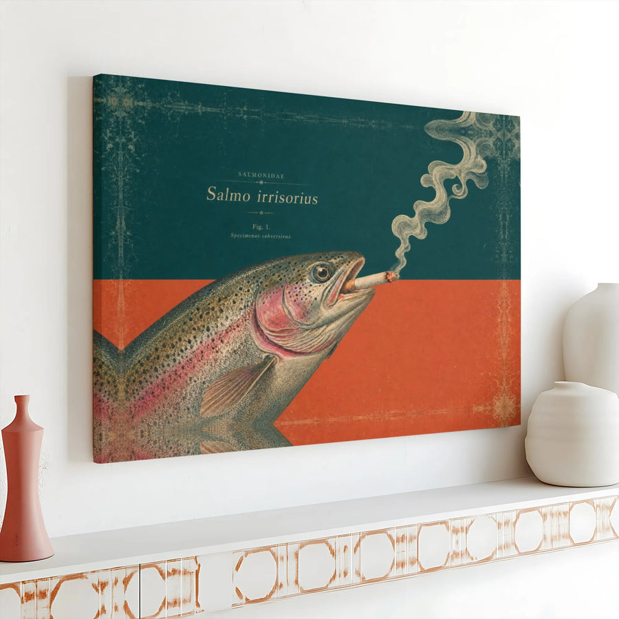 Smoking Fish Horizontal Canvas | Vintage Rainbow Trout Scientific Poster Art | Premium 1.25 In Gallery Wrap | Funny Cabin Decor Gift for Fisherman
