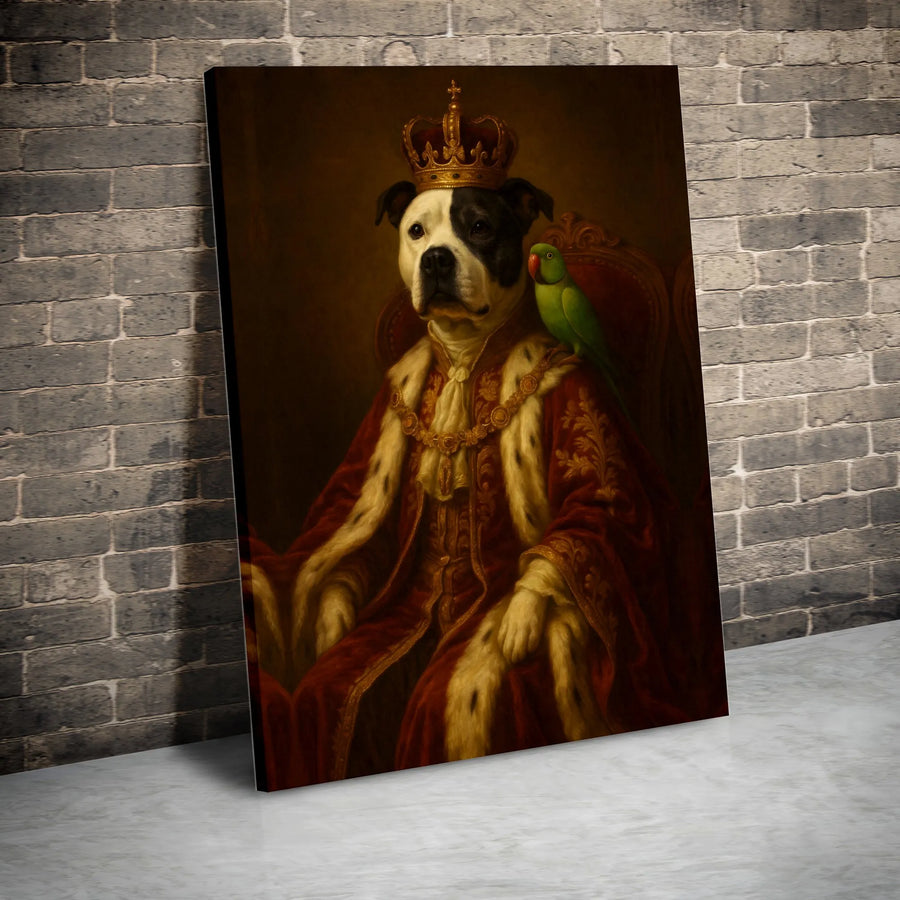 Royal Pitbull King Canvas Portrait | Renaissance Pet Wall Art with Parrot | 1.25-Inch Gallery Wrap | Funny Dog Lover Gift for Home Office