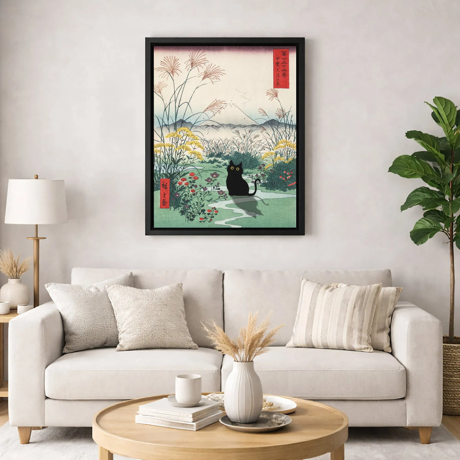 Japanese Black Cat Canvas Art | Ukiyo-E Style Mount Fuji Landscape | Premium Fade-Resistant Gallery Wrap | Gift for Cat Lovers & Asian Decor Enthusiasts