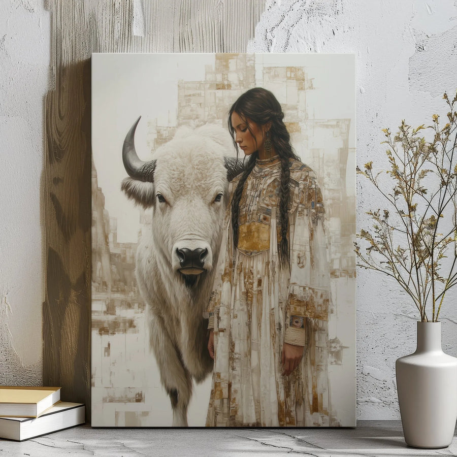 Native American Woman and White Buffalo Canvas | Spiritual Wildlife Wall Art | Premium Gallery Wrap | Western Home Decor for Living Room