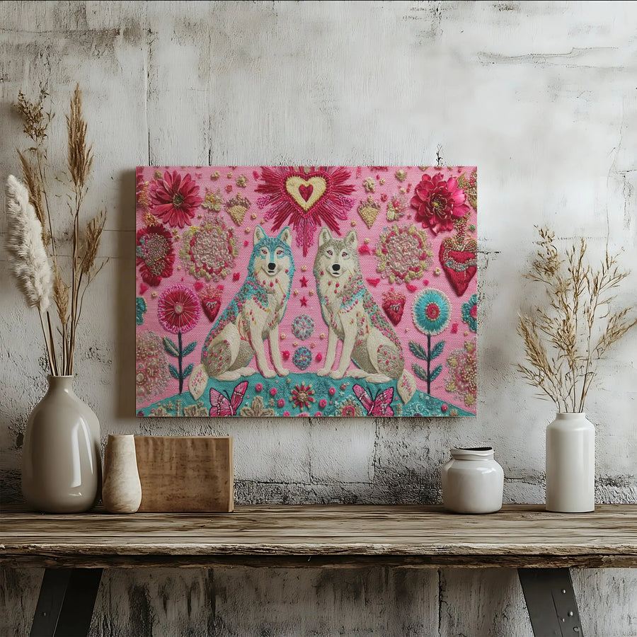 Folk Art Wolf Couple Canvas | Textured Embroidery Style Print with Sacred Heart | Premium 1.25" Thick Gallery Wrap | Eclectic Boho Wall Decor Gift