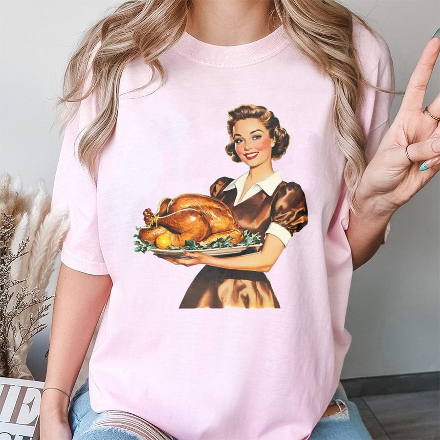 Retro Thanksgiving T-Shirt | 1950s Vintage Style Turkey Dinner Graphic | 100% Cotton Premium Tee | Funny Fall Holiday Gift for Women & Men