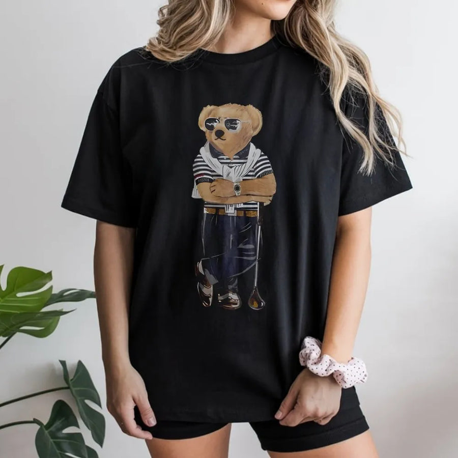 Golf Bear Graphic T-Shirt | Preppy Polo Style Golfer Illustration | Premium Soft Cotton Tee | Perfect Golf Gift For Men And Women