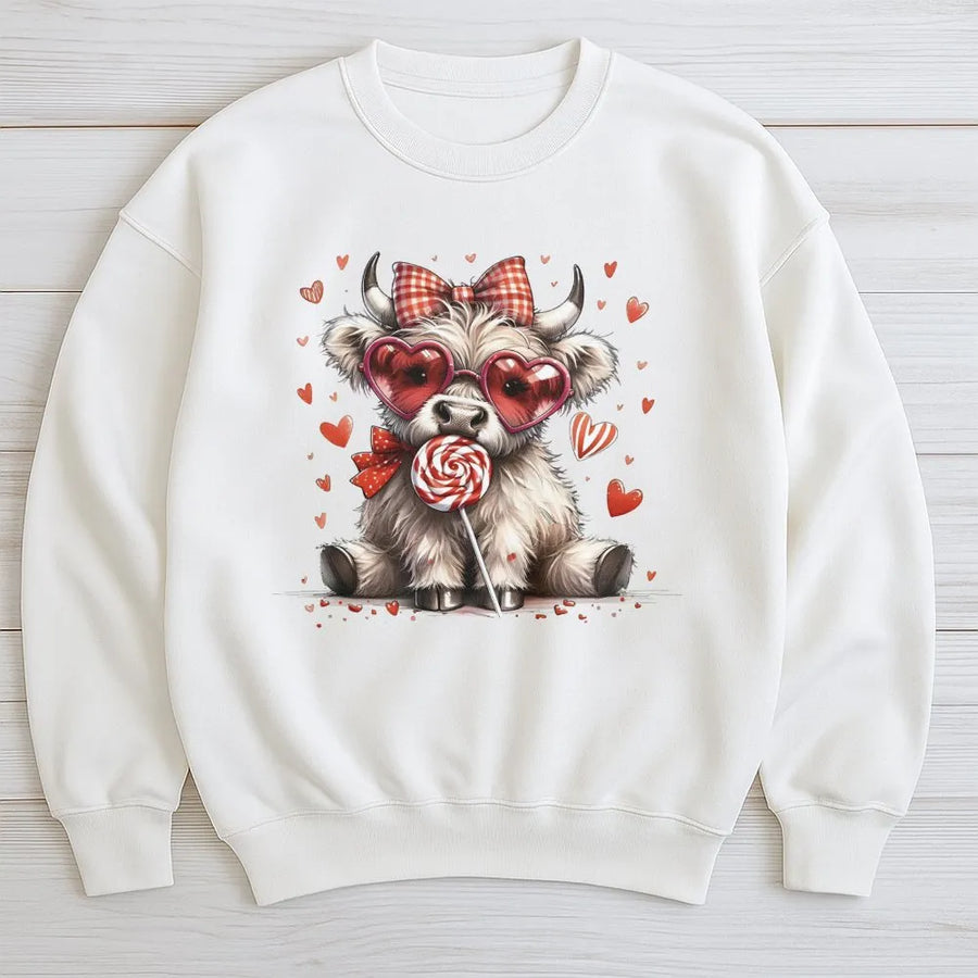 Valentine Highland Cow Sweatshirt | Coquette Heart Glasses Graphic | Premium Cotton Blend | Romantic Gift for Her & Cow Lovers