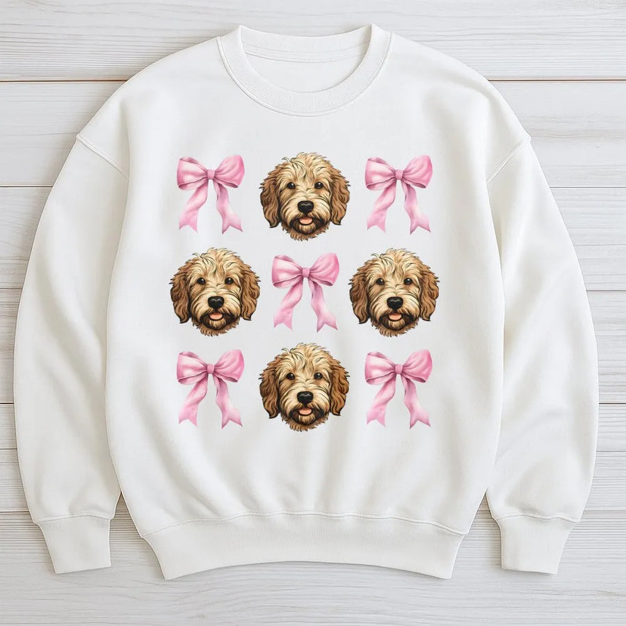 Goldendoodle Sweatshirt | Cute Dog Mom Graphic with Pink Bows | Premium Cotton Blend Crewneck | Cozy Dog Lover Gift for Women and Teens