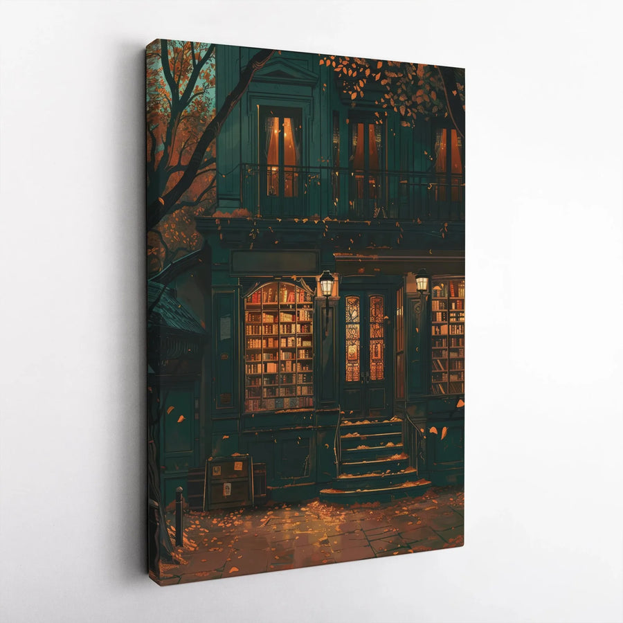 Cozy Autumn Bookstore Canvas Print | Dark Academia Night Street Art | 1.25-Inch Premium Gallery Wrap | Bibliophile Home Office Decor Gift