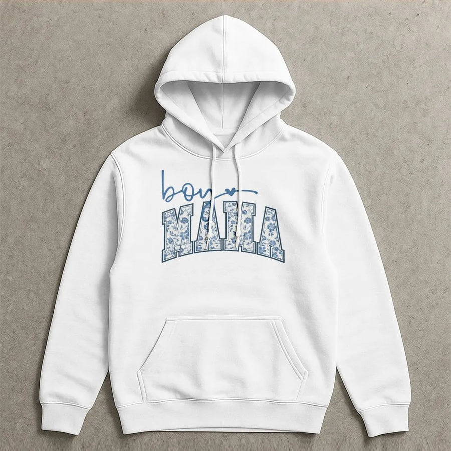 Boy Mama Hoodie | Blue Floral Varsity Lettering | Premium Cotton Blend | Thoughtful Gift for Mom and New Mothers