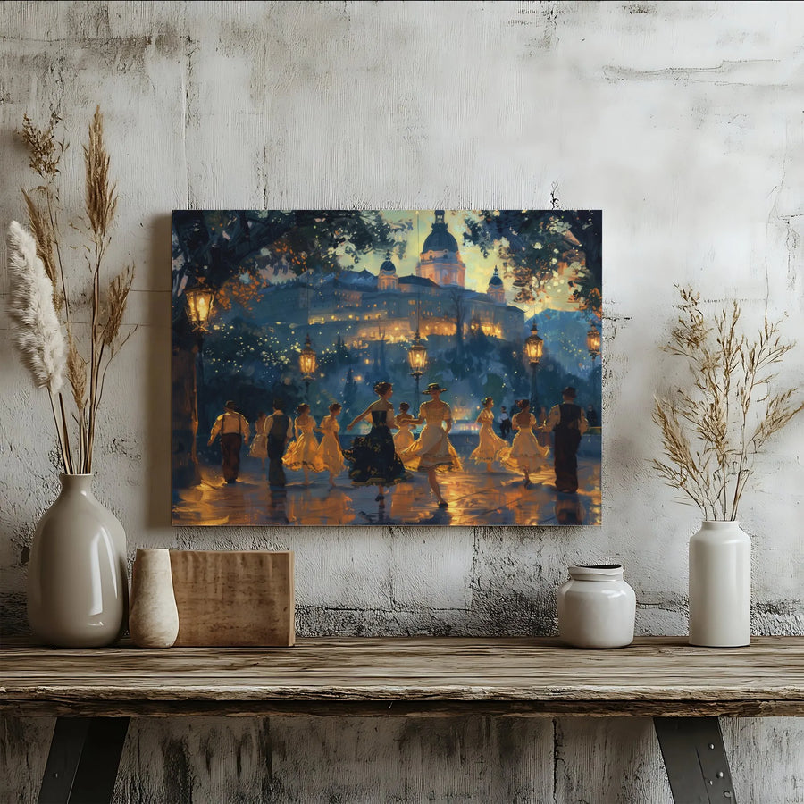 Romantic Cityscape Canvas Wall Art | Impressionist Painting of Couples Dancing | Premium Fade-Resistant Print | Elegant Living Room Home Decor Gift