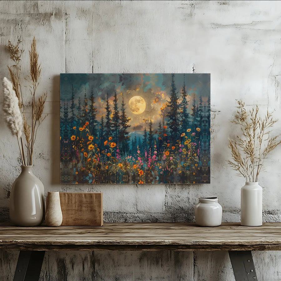 Full Moon Pine Forest Wall Art | Enchanted Wildflower Meadow Canvas Print | Premium Gallery Wrapped Decor | Nature Lover Gift