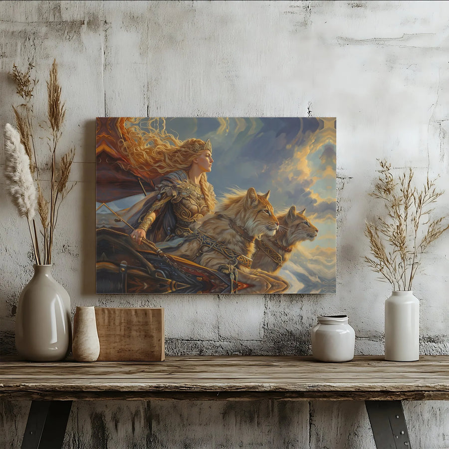 Norse Goddess Freyja Canvas Wall Art | Mythological Viking Chariot Print | Premium Gallery Wrapped Decor | Fantasy Gift for Mythology Lovers