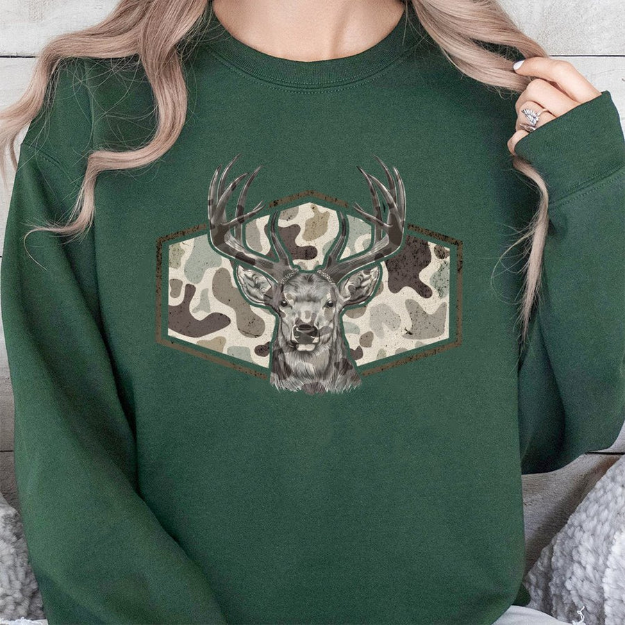 Deer Hunting Sweatshirt | Retro Camo Antler Graphic | Premium Cotton Blend | Gift for Hunter Outdoor Enthusiast