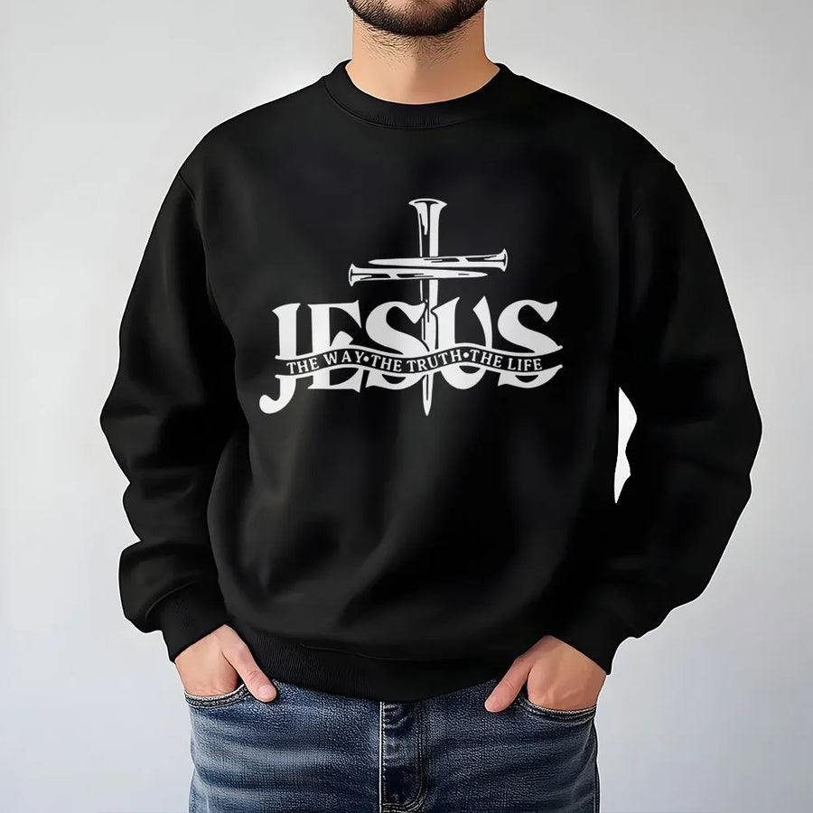 Jesus The Way The Truth The Life Sweatshirt | Cross and Nail Graphic | Premium Cotton Blend | Christian Religious Gift for Men and Women