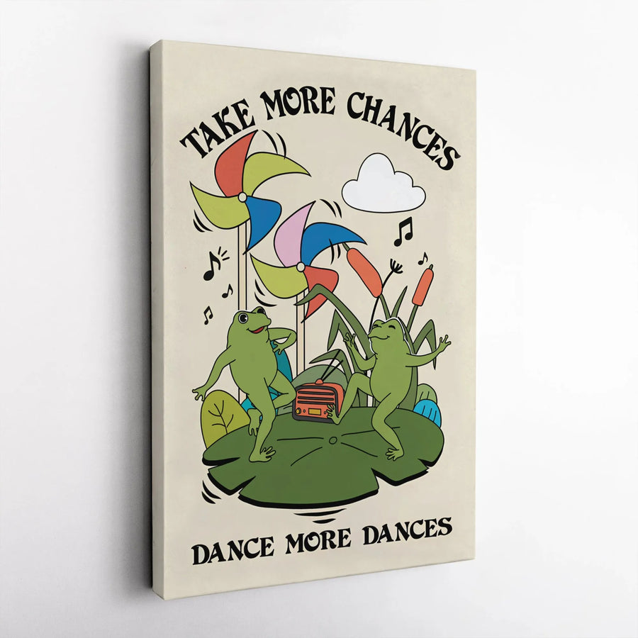 Dancing Frog Canvas Wall Art | Take More Chances Aesthetic Poster | Premium Gallery-Wrapped Print | Whimsical Retro Home Decor Gift for Frog Lovers