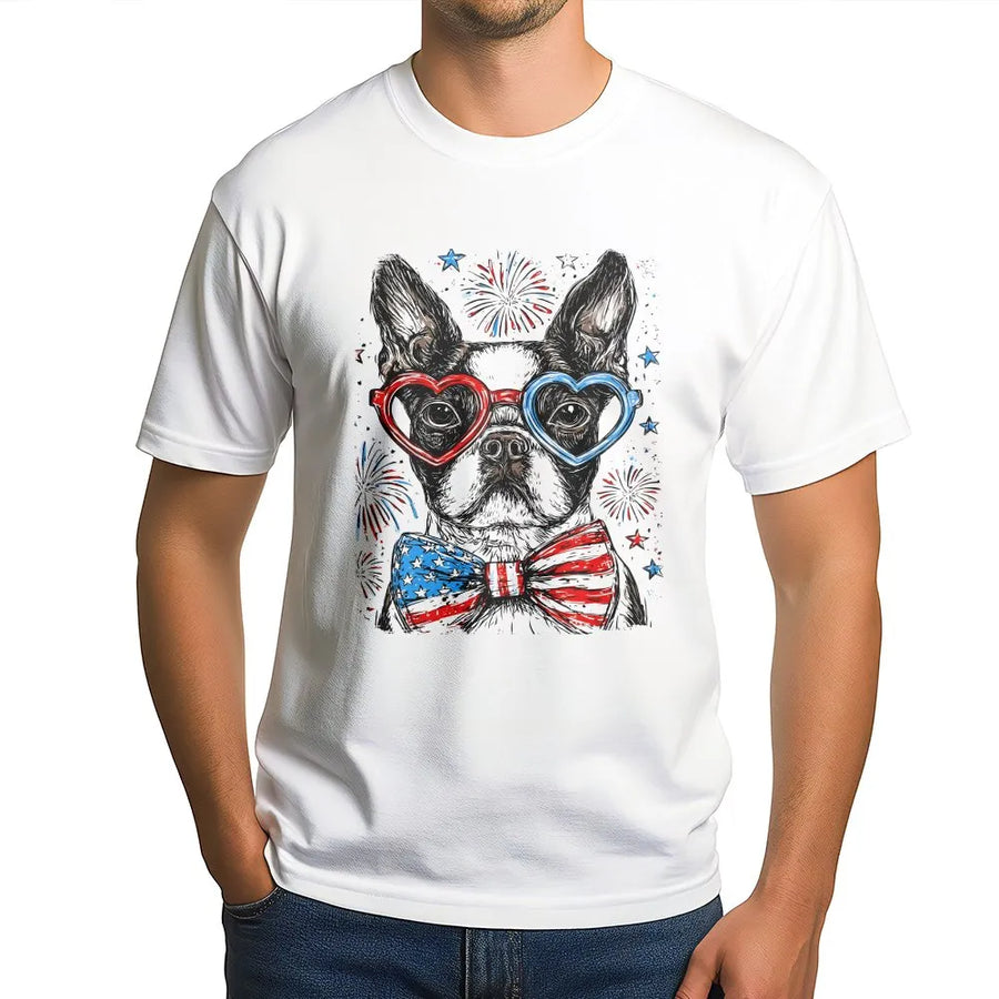 Patriotic Boston Terrier T-Shirt | American Flag Bow Tie & Glasses Graphic | Soft Cotton Blend Pullover | 4th of July Gift for Dog Lover