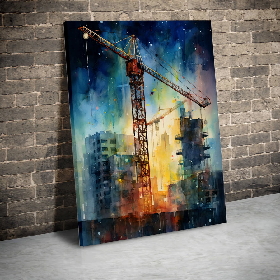 Construction Crane Canvas Art | Abstract Cityscape Painting Print | Premium Gallery Wrap Wall Decor | Industrial Home Office Gift