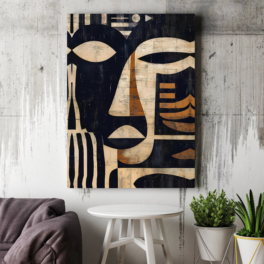 Abstract Tribal Face Wall Art | Geometric Modernist Canvas Print | Premium 1.25" Gallery Wrap | Sophisticated Home Decor for Living Room Office