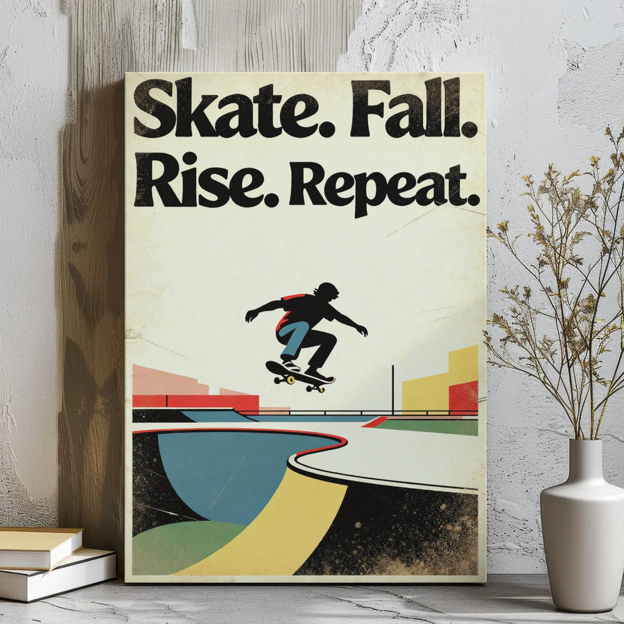 Skateboarding Motivational Wall Art | Skate Fall Rise Repeat Quote | Premium Gallery Wrap Canvas | Gift For Skater Teens And Adults