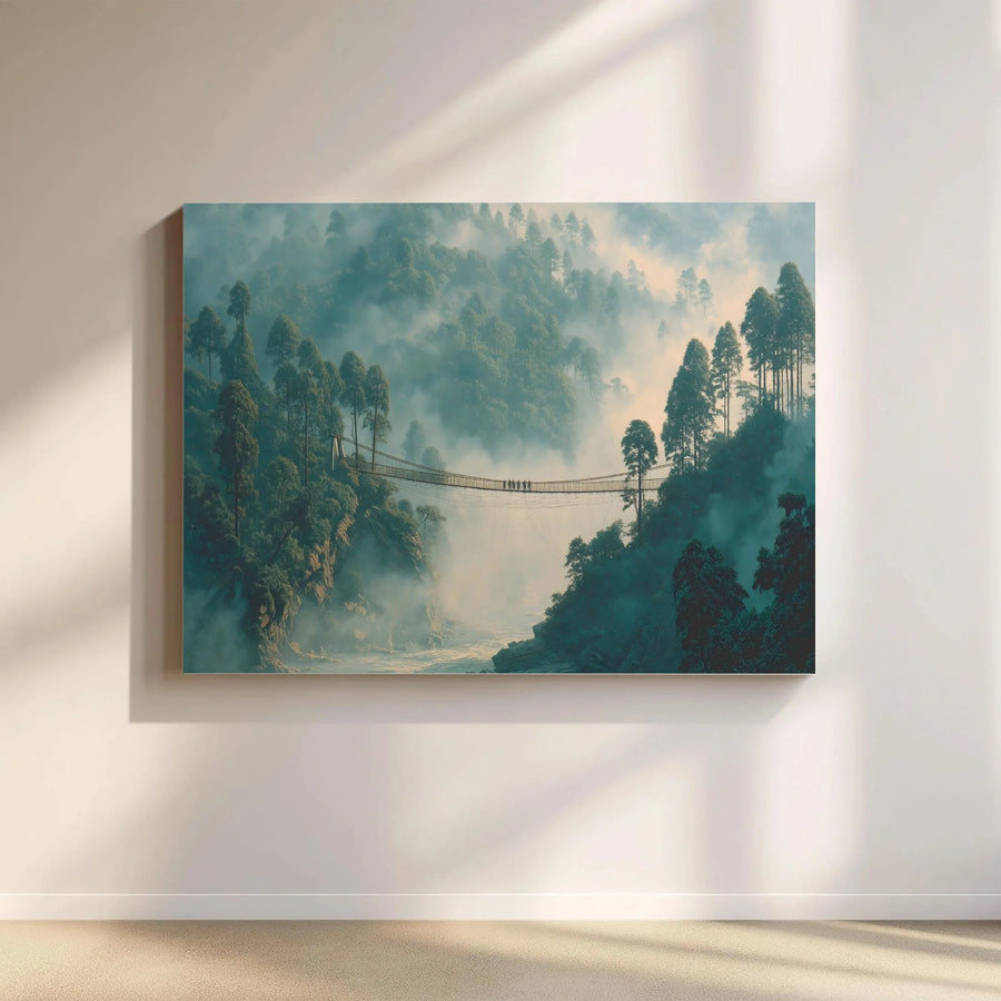 Foggy Forest Bridge Canvas Wall Art | Mist Covered Valley Landscape | Premium Gallery Wrap 1.25" Frame | Serene Nature Home Decor for Living Room