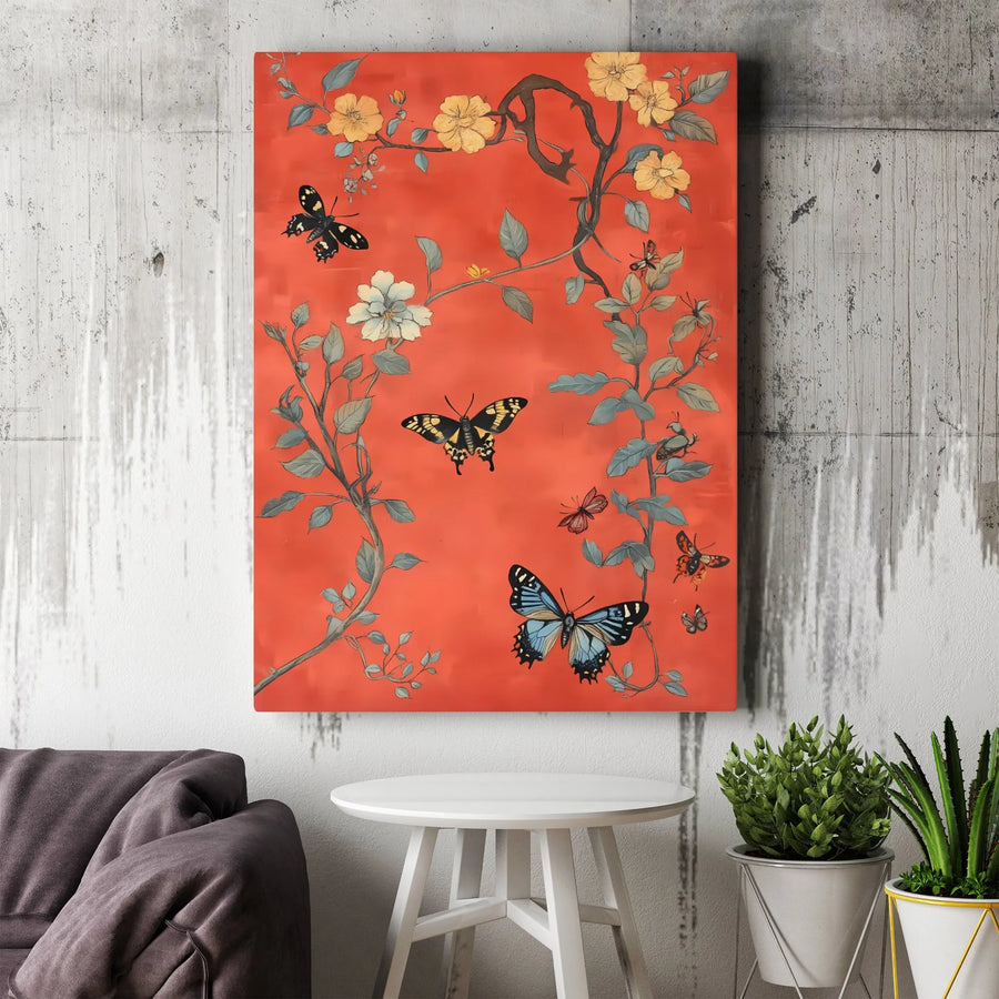 Vintage Butterfly Canvas Wall Art | Floral Botanical Red Illustration | Premium Gallery Wrap Print | Nature-Inspired Home Decor Gift