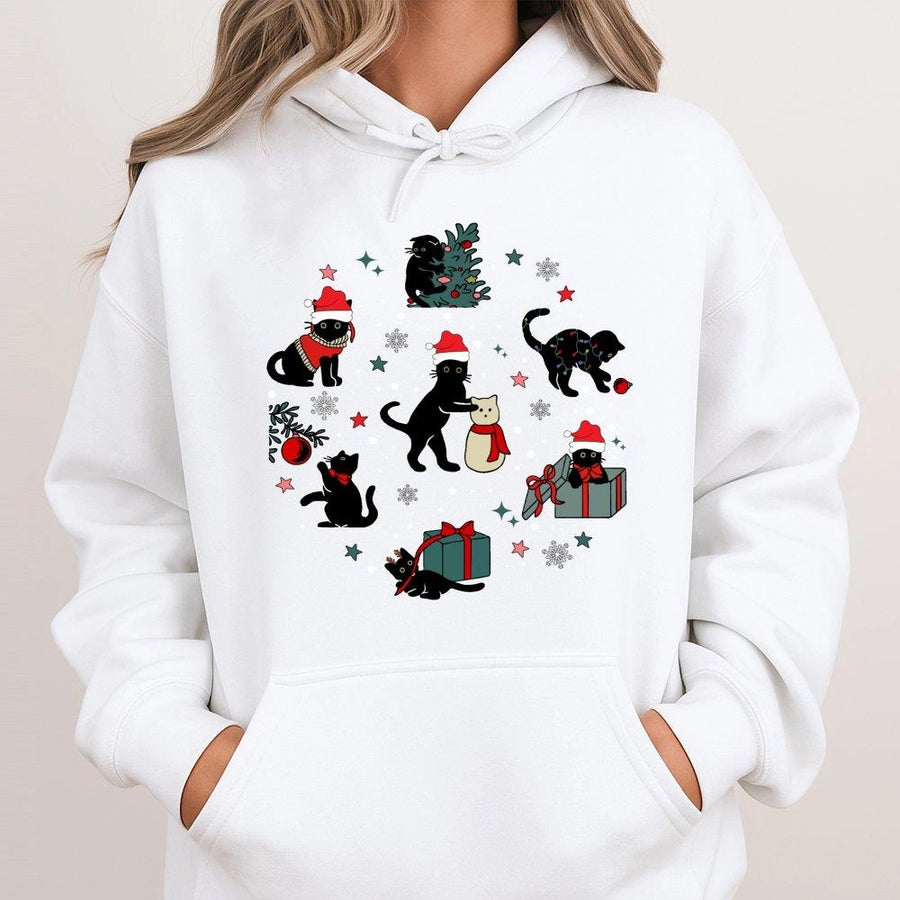 Christmas Black Cat Hoodie | Festive Kittens with Santa Hats Design | Premium Cotton-Poly Blend | Cozy Holiday Gift for Cat Lovers