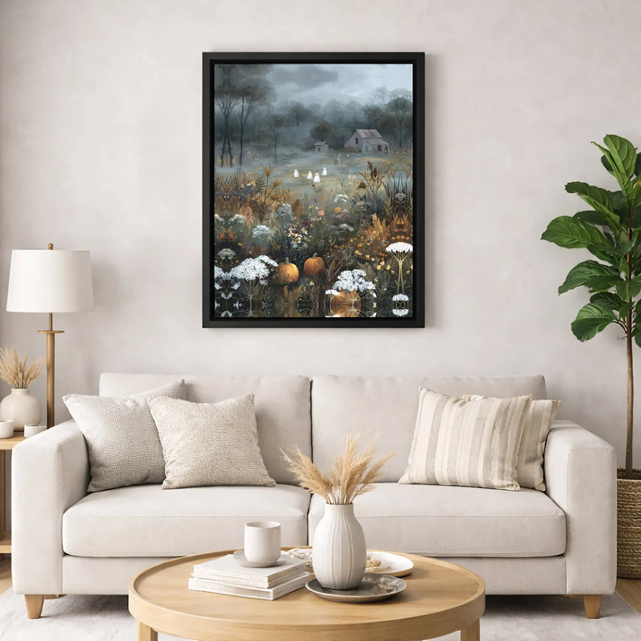 Halloween Ghost Canvas Art | Rustic Pumpkin Patch Wildflower Print | Premium Gallery-Wrapped Decor | Spooky Farmhouse Wall Decor For Fall