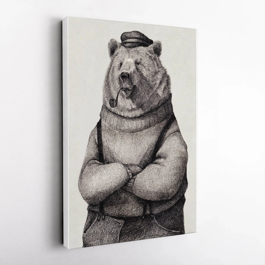 Sailor Bear Canvas Wall Art | Vintage Bear Smoking Pipe Illustration | Premium Gallery Wrap Canvas | Nautical Home Decor Gift for Him
