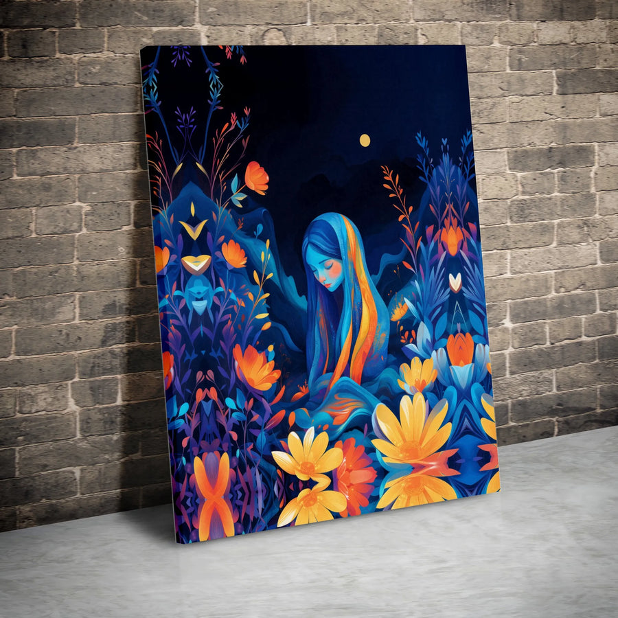 Ethereal Woman Canvas Wall Art | Glowing Midnight Floral Garden Design | Premium Fade-Resistant Print | Modern Home Decor Gift