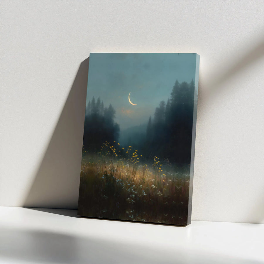 Misty Forest Landscape Canvas | Crescent Moon Wildflower Meadow Wall Art | Premium Gallery Wrap Decor | Nature Lover Gift