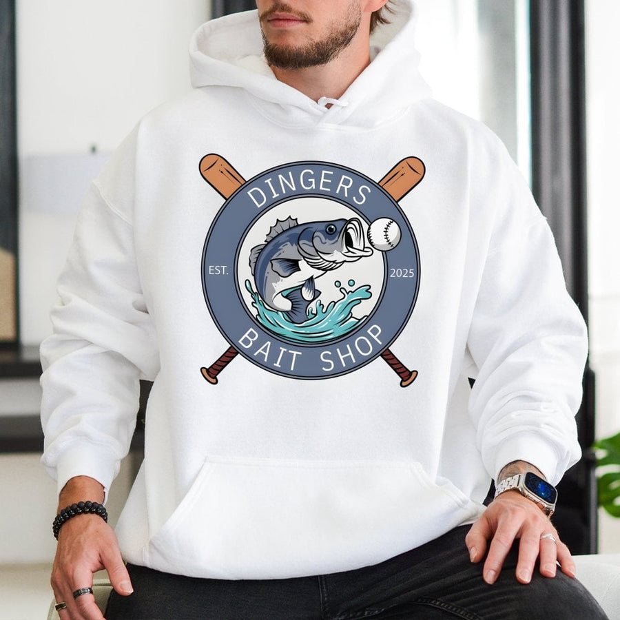 Dinger Bait Shop Hoodie | Funny Fishing Baseball Graphic | Premium Cotton Blend | Gift For Fishermen And Baseball Fans
