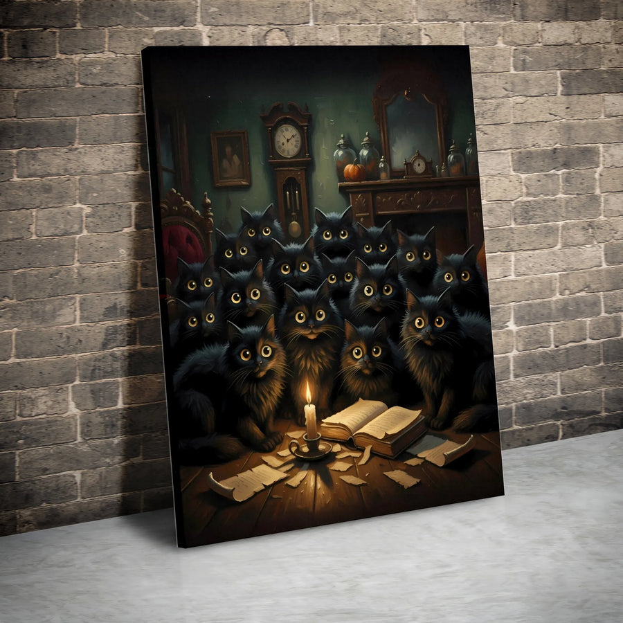 Black Cat Coven Canvas Print | Whimsical Witchy Gothic Art | Premium Gallery Wrapped Wall Decor | Spooky Halloween Gift for Cat Lovers