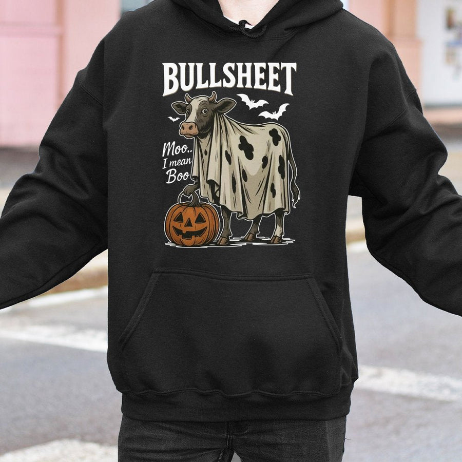 Bullsheet Halloween Hoodie | Funny Cow Ghost Pumpkin Design | Premium Cotton Blend Sweatshirt | Cute Spooky Season Gift for Men and Women