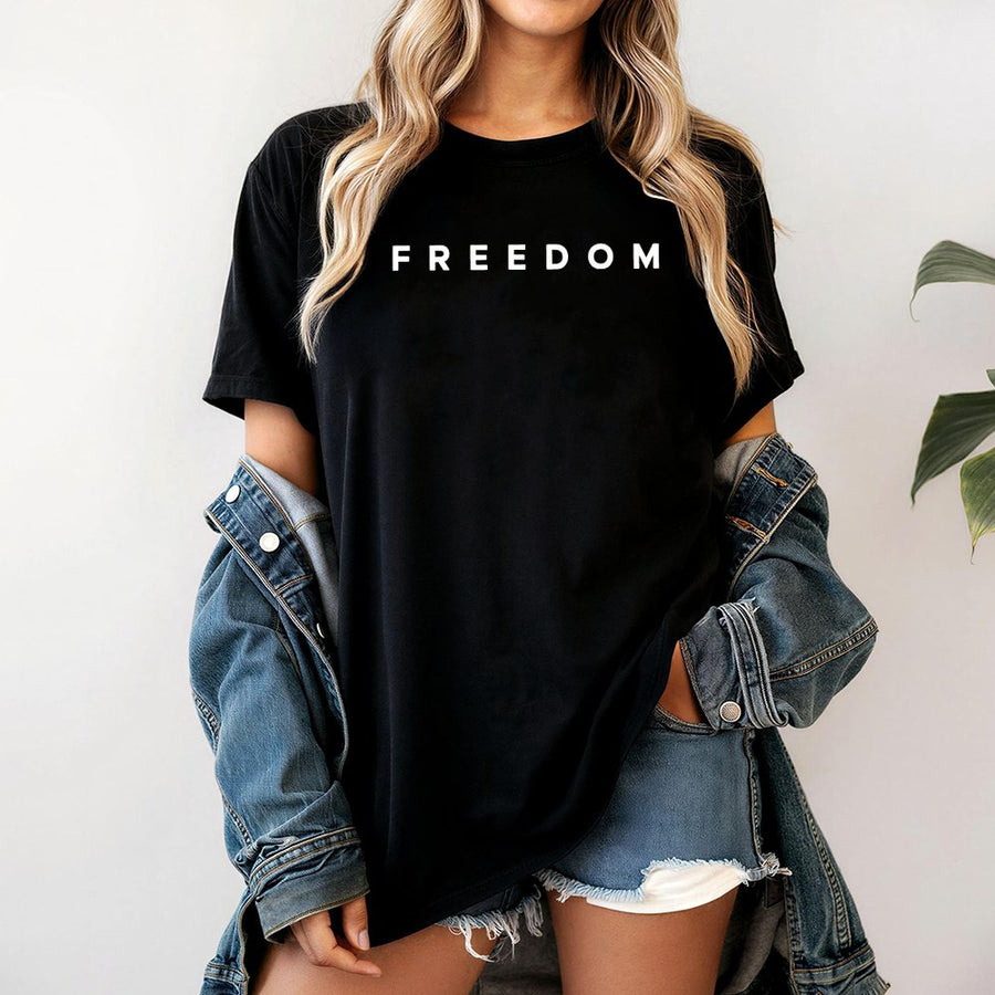 Freedom Graphic T-Shirt | Minimalist Typography Print | 100% Cotton Premium Tee | Unisex Everyday Casual Gift for Patriots