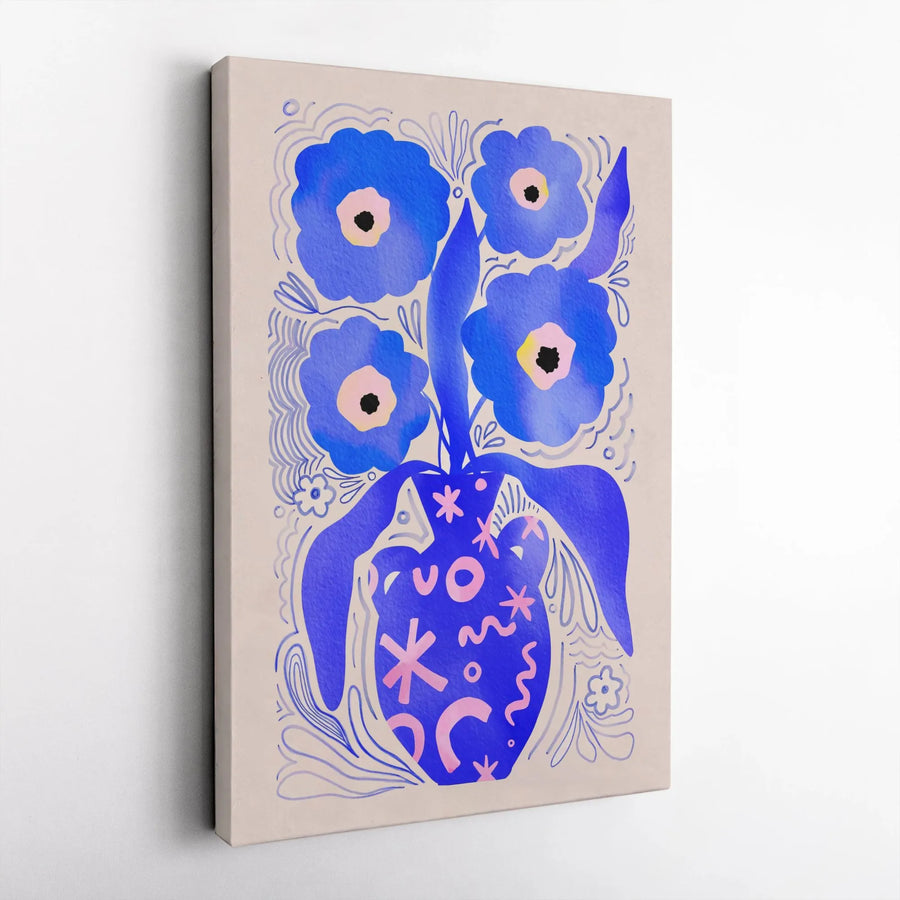 Abstract Blue Flower Canvas Print | Modern Floral Vase Wall Art | Premium Gallery-Wrapped Decor | Botanical Aesthetic Gift for Her