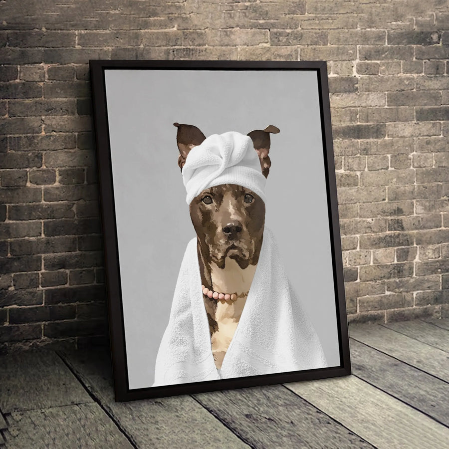 Pit Bull Dog Spa Wall Art | Funny Pet Portrait with Towel Turban | Premium Fade-Resistant Canvas | Unique Bathroom Decor Gift