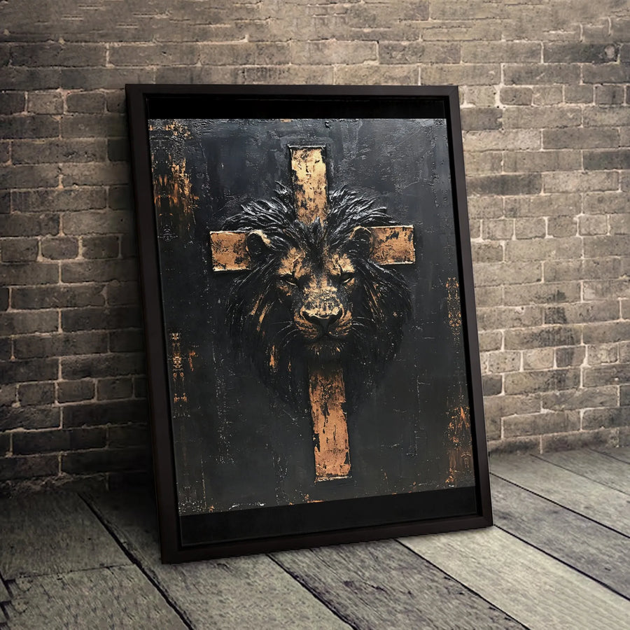 Lion of Judah Cross Wall Art | Textured Black and Gold Religious Canvas | Gallery Quality 1.25 Inch Wrap | Premium Christian Home Decor Gift