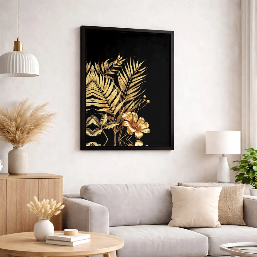 Gold Tropical Palm Leaf Wall Art | Elegant Black and Gold Botanical Print | Premium Gallery Wrapped Canvas | Luxury Modern Home Decor Gift