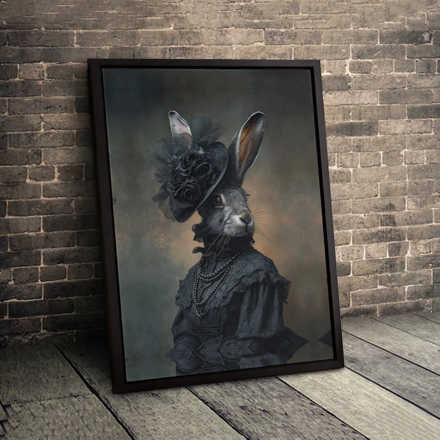 Victorian Rabbit Wall Art | Gothic Animal Portrait with Black Roses | Premium Gallery Wrapped Canvas | Moody Dark Academia Home Decor Gift