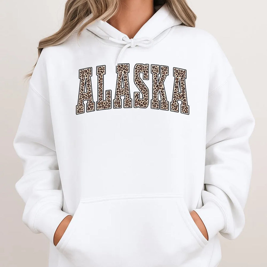 Alaska Hoodie | Leopard Print Collegiate Pullover | Soft Unisex Crewneck | State Pride Souvenir Gift for Student