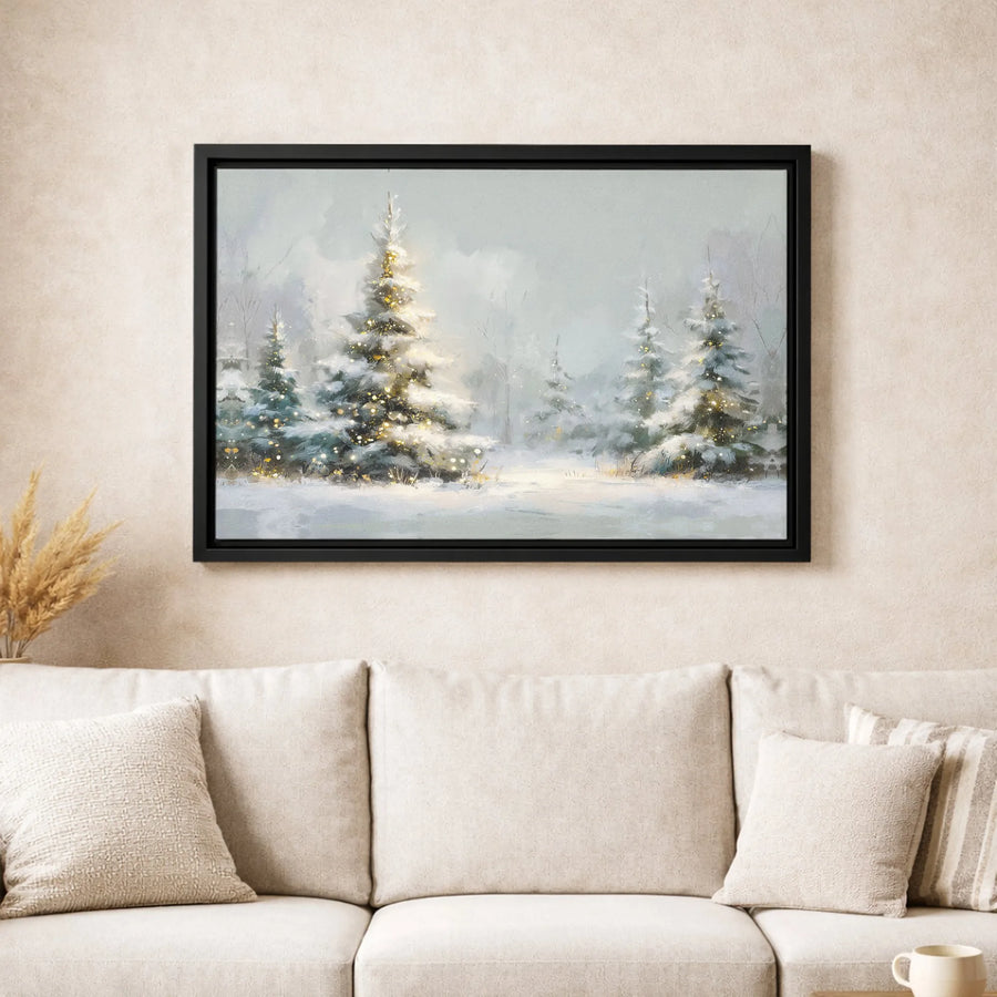 Winter Forest Canvas Wall Art | Snowy Christmas Tree Landscape Painting | Premium Gallery Wrap Print | Festive Holiday Home Decor Gift