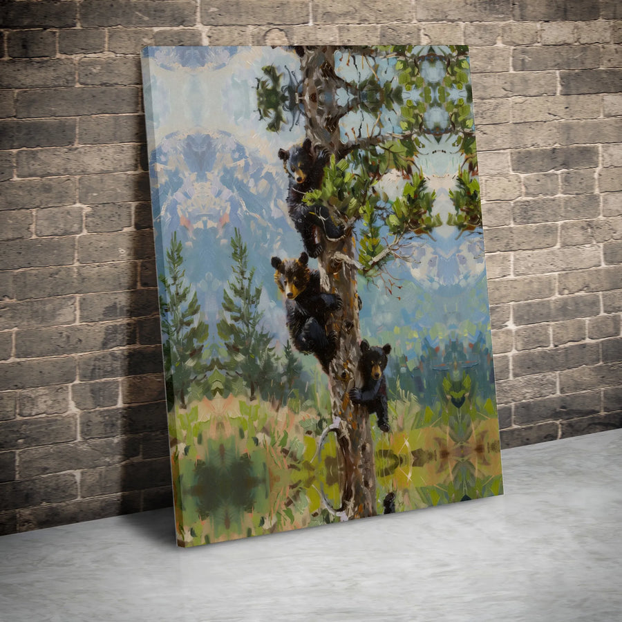 Bear Cubs Canvas Wall Art | Three Cubs Climbing Tree Painting | Premium 1.25" Gallery Wrapped Canvas | Rustic Lodge Decor Gift for Nature Lovers