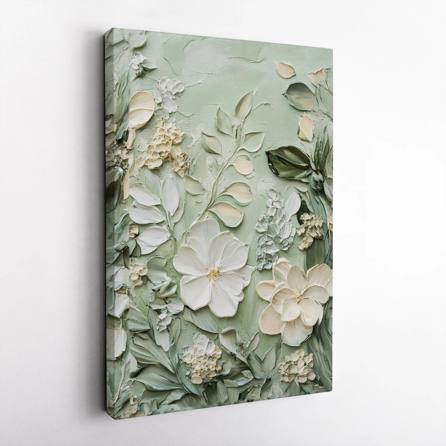 Sage Green Floral Wall Art | 3D Textured Impasto Flower Canvas | Gallery Quality Premium Print | Botanical Home Decor Gift for Her