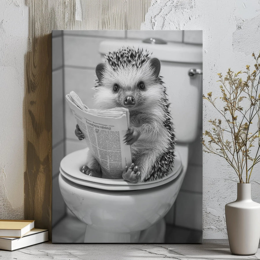 Hedgehog Reading Newspaper On Toilet Canvas Wall Art | Funny Bathroom Decor | Premium Gallery Wrap | Humorous Gift For Animal Lovers