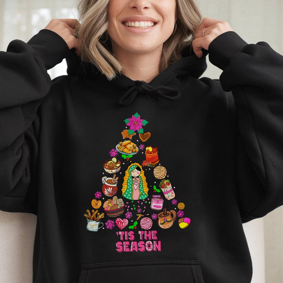 Our Lady Of Guadalupe Christmas Hoodie | Mexican Holiday Food Graphic | Cotton-Poly Blend Sweatshirt | Latina Cultural Gift For The Holidays