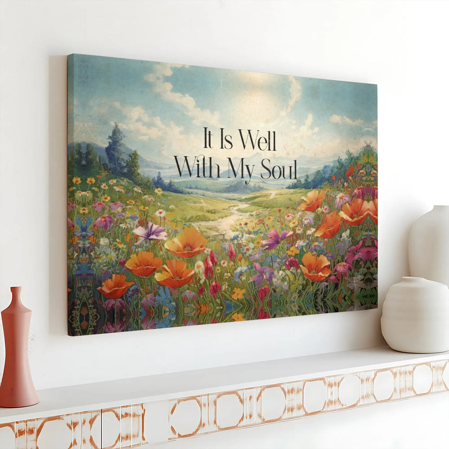 It Is Well With My Soul Horizontal Canvas | Vintage Wildflower Meadow Landscape Scene | Premium 1.25" Gallery Wrap Canvas Print | Inspirational Christian Hymn Gift for Home