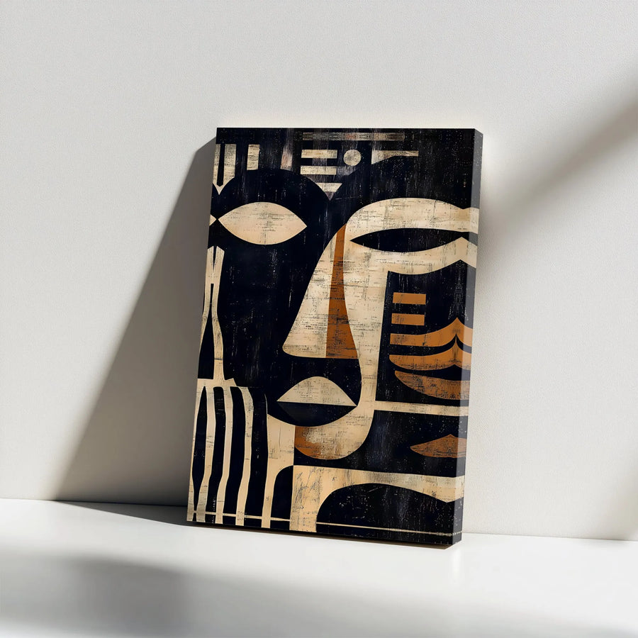 Abstract Tribal Face Canvas Art | Modern Black and Beige Minimalist Wall Decor | Premium 1.25" Gallery Wrap | Unique Statement Piece for Home Office