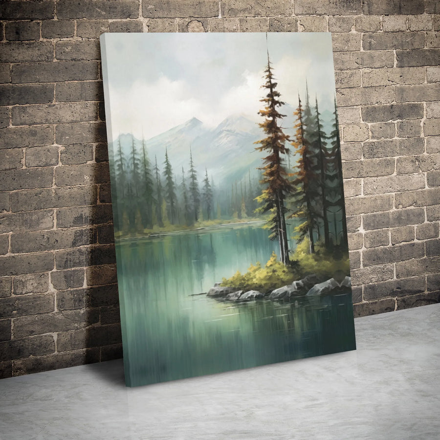 Mountain Lake Canvas Wall Art | Serene Pine Forest Landscape Print | Premium 1.25-Inch Gallery Wrap | Ready To Hang Nature Decor For Home Office